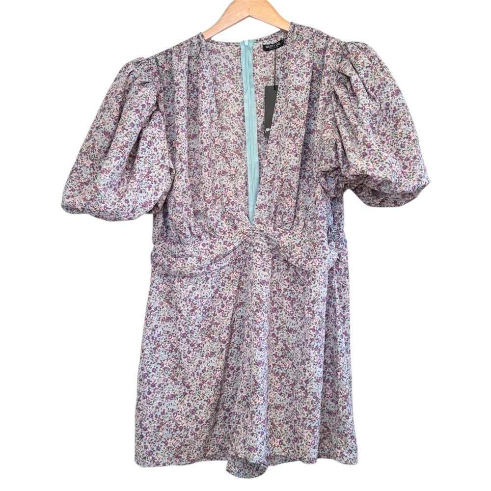 NEW Floral Puff Sleeve Ruched Waist V Neck Size 14 Playsuit Onesie Purple Blue - Picture 6 of 7